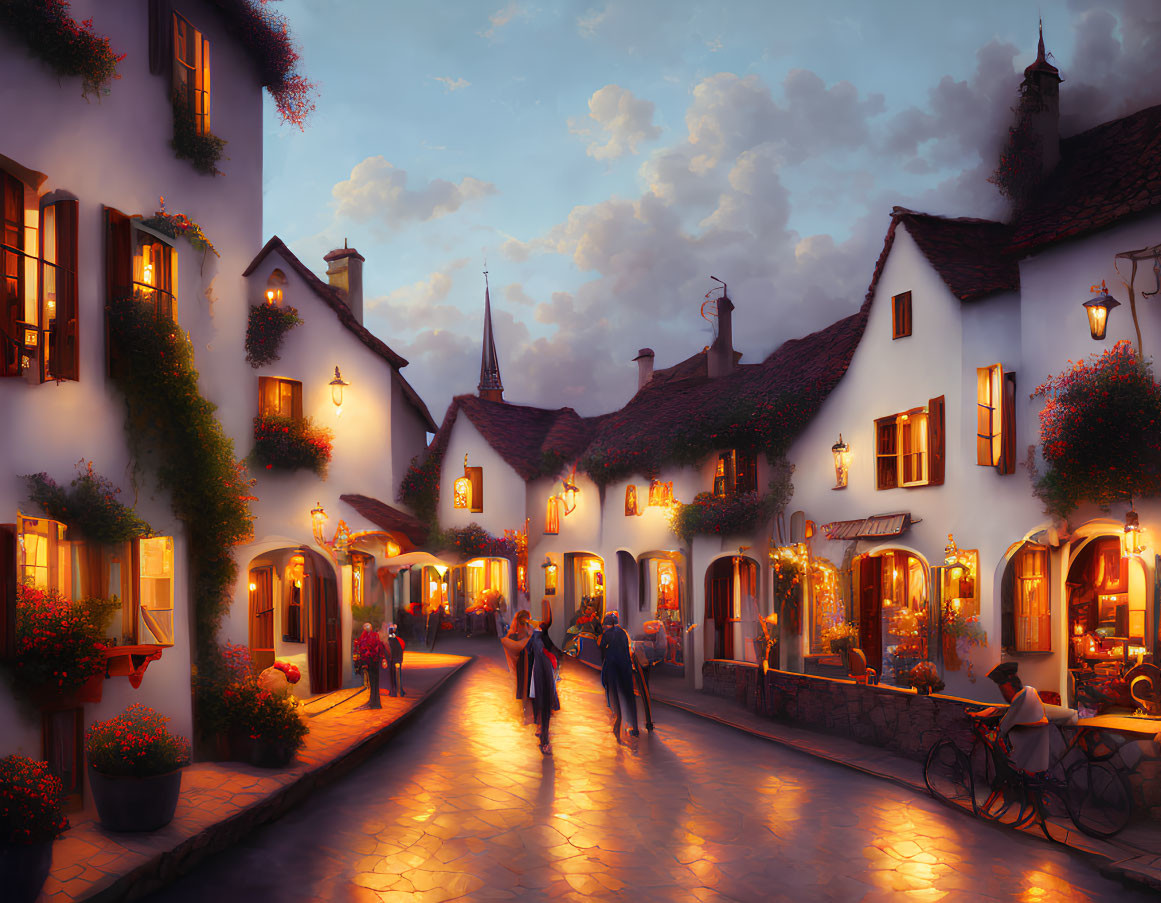 Charming cobblestone street in picturesque village at dusk