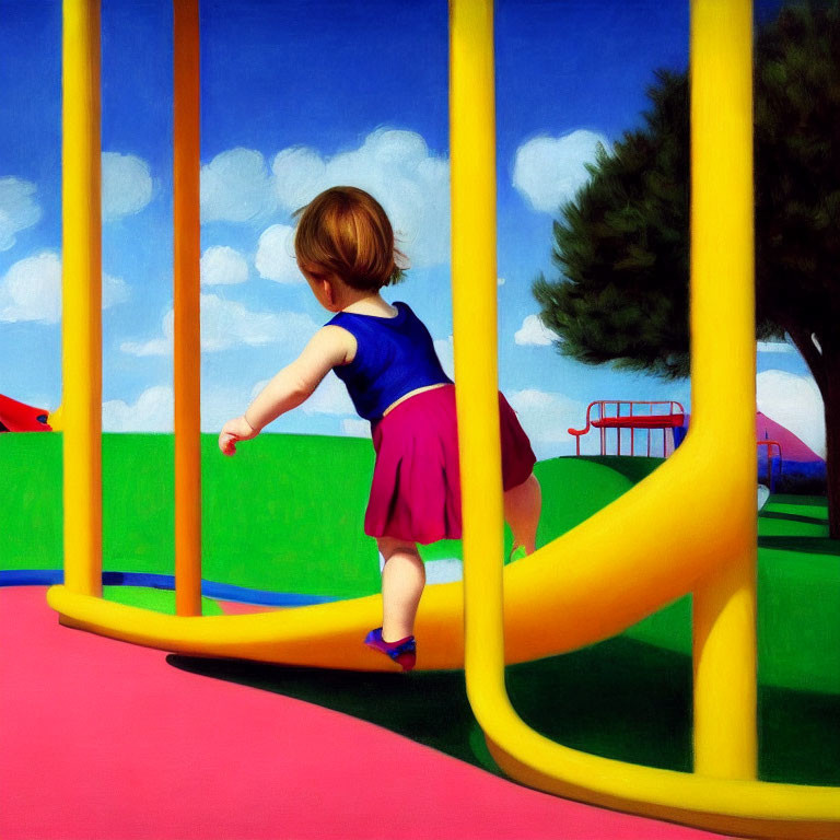 Toddler in Blue and Red Outfit on Yellow Playground Structure