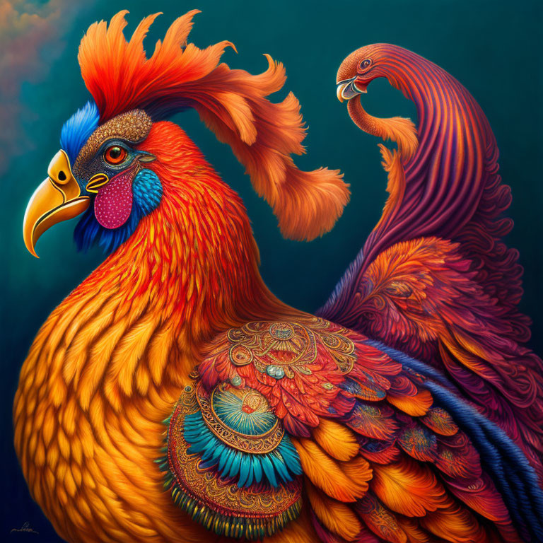 Detailed Rooster Illustration with Vibrant Feather Patterns