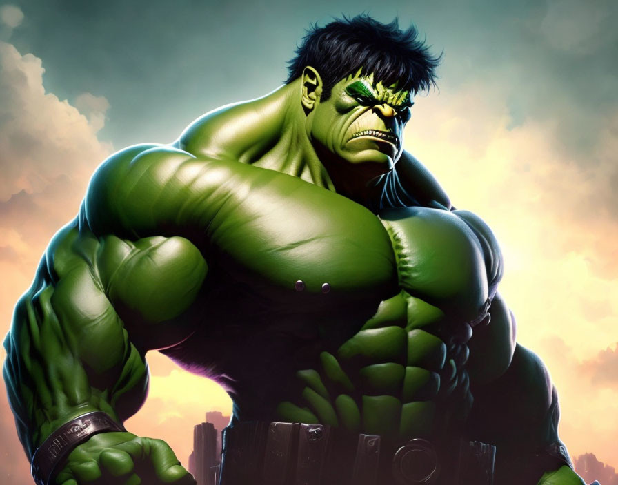 Muscular green Hulk illustration in black pants, angry expression, against cloudy sky.