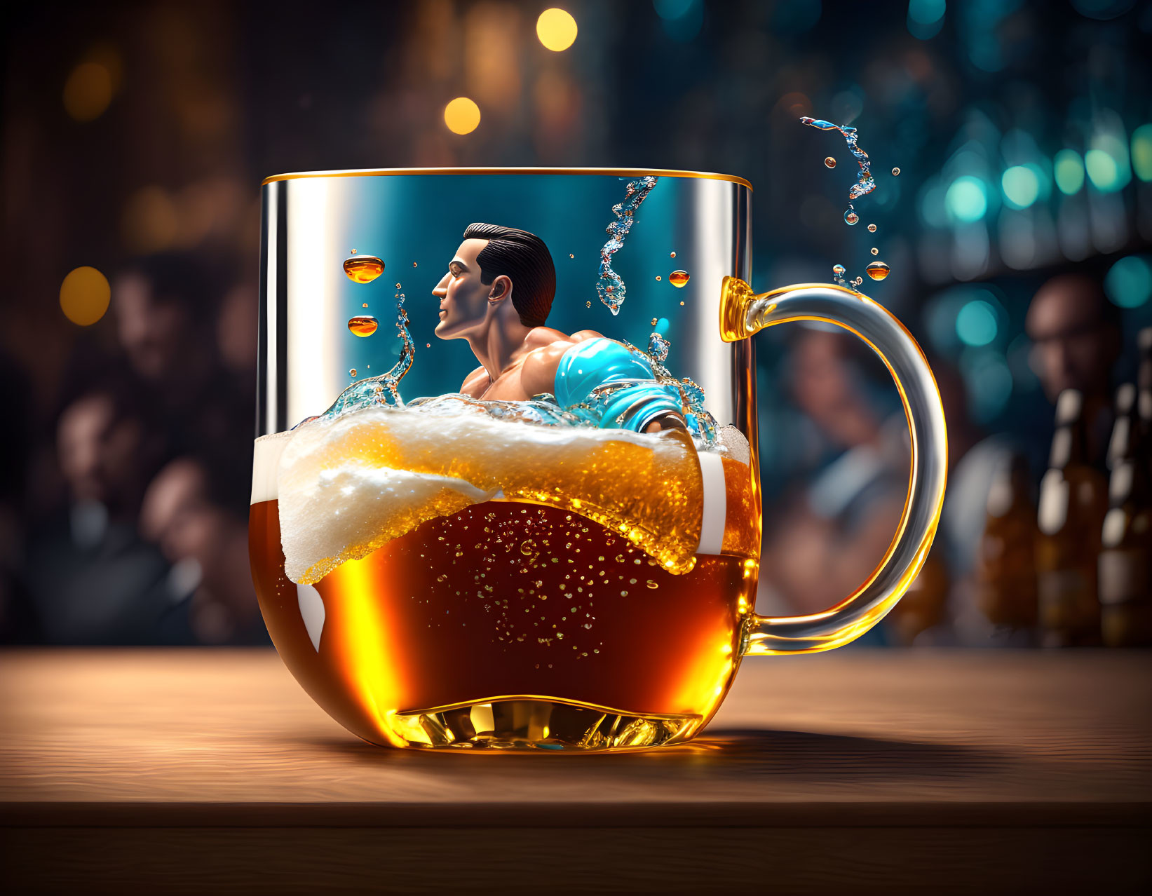 Miniature Man Swimming in Beer Mug Digital Artwork Against Blurred Bar Background