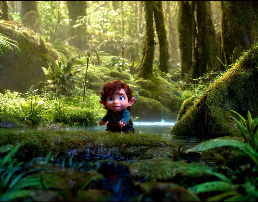 Young animated character in sunlit enchanted forest with big eyes and spiky hair