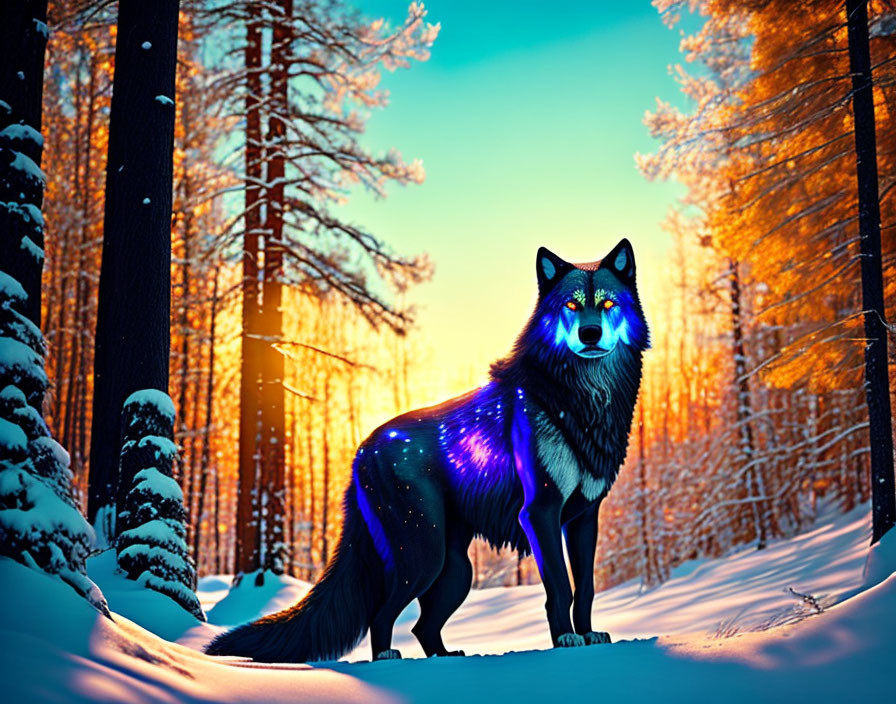 Majestic wolf with cosmic fur in snowy forest at sunset