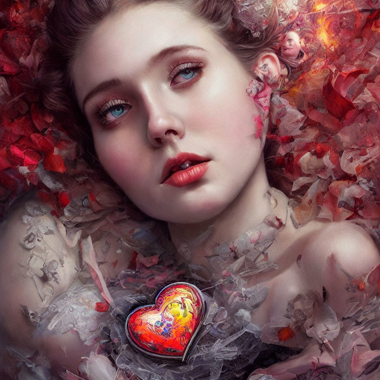 Woman surrounded by red petals and heart locket in romantic setting