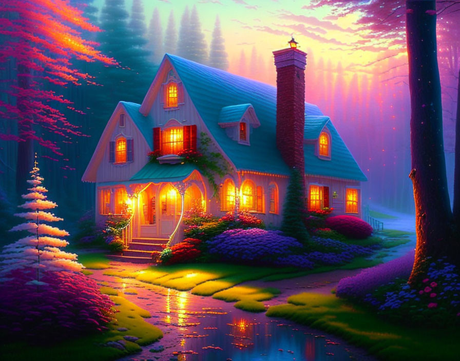 Cozy cottage in colorful forest with glowing windows