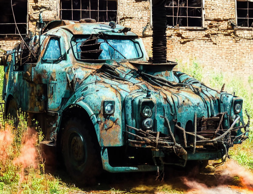 Rusted abandoned blue truck in overgrown grass