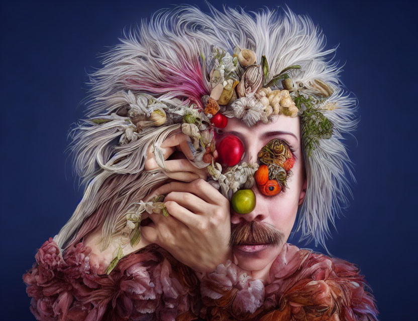 Colorful portrait of person with whimsical headdress of flowers, fruits, vegetables, and feathers.