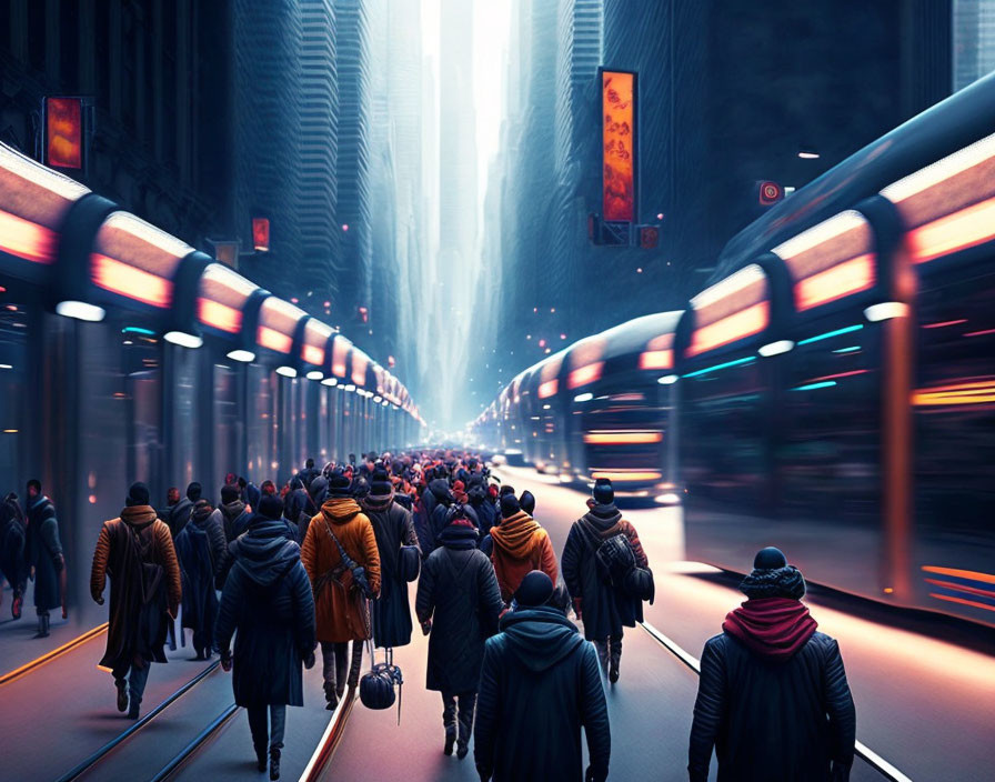 Futuristic urban street with crowds, fast trains, neon signs