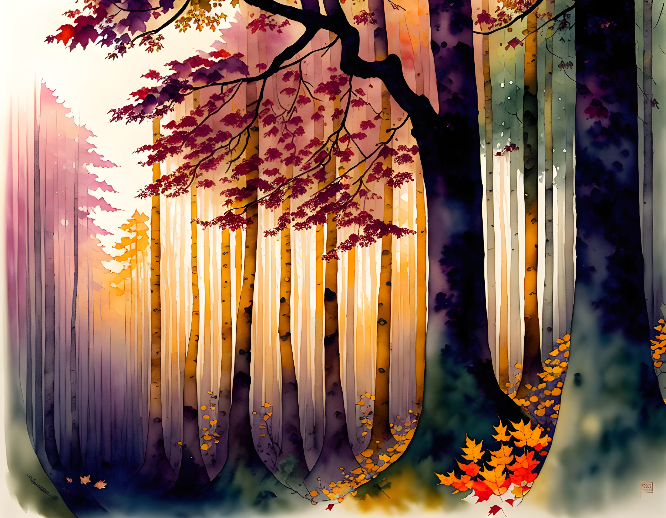 Colorful Autumn Forest Scene with Falling Leaves and Sunbeams