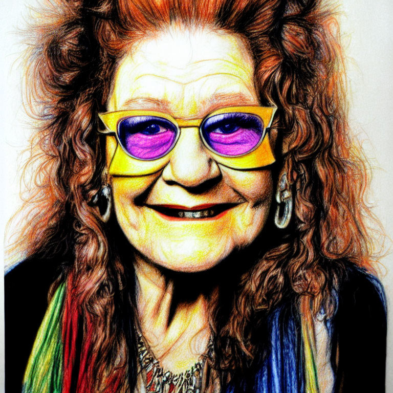 Elderly Woman Illustration: Curly Red Hair, Colorful Glasses, Rainbow Scarf