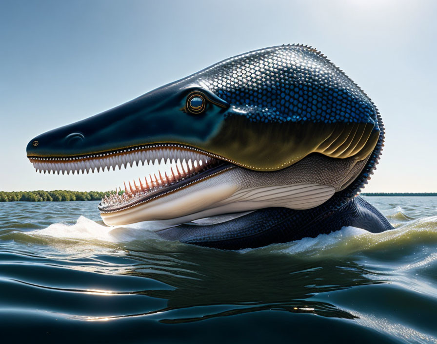 Detailed Close-Up Illustration of Surfacing Mosasaur with Sharp Teeth