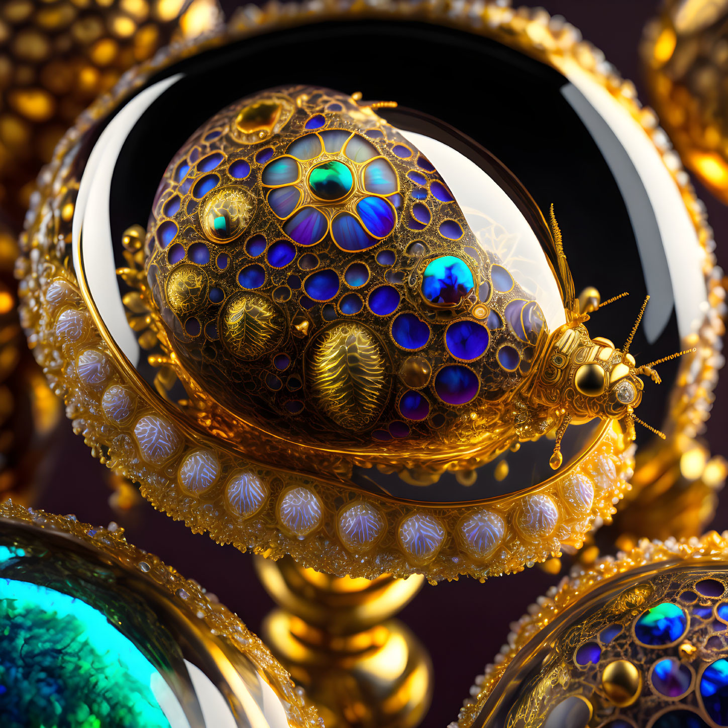 Golden spherical structures with intricate patterns and gemstones on a dark background.