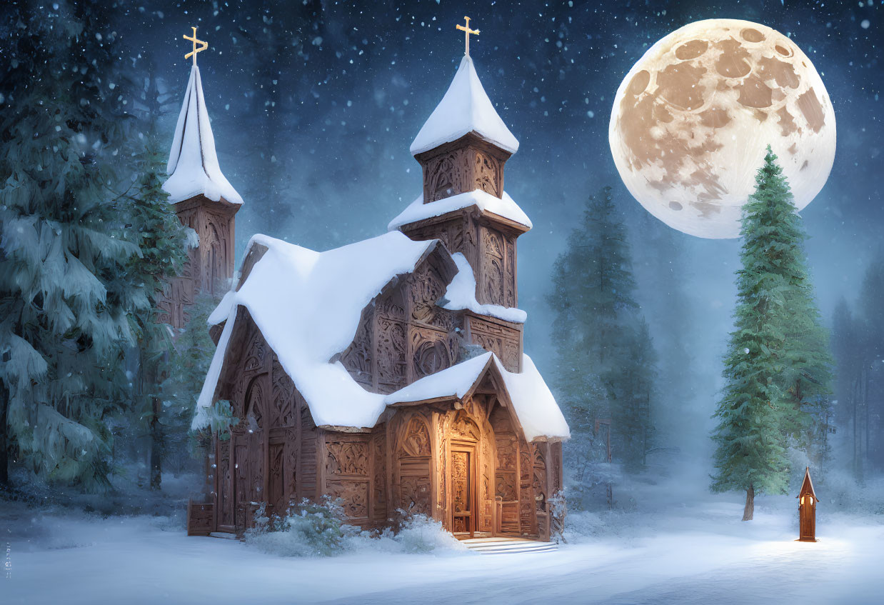 Snow-covered wooden church under starry sky with full moon