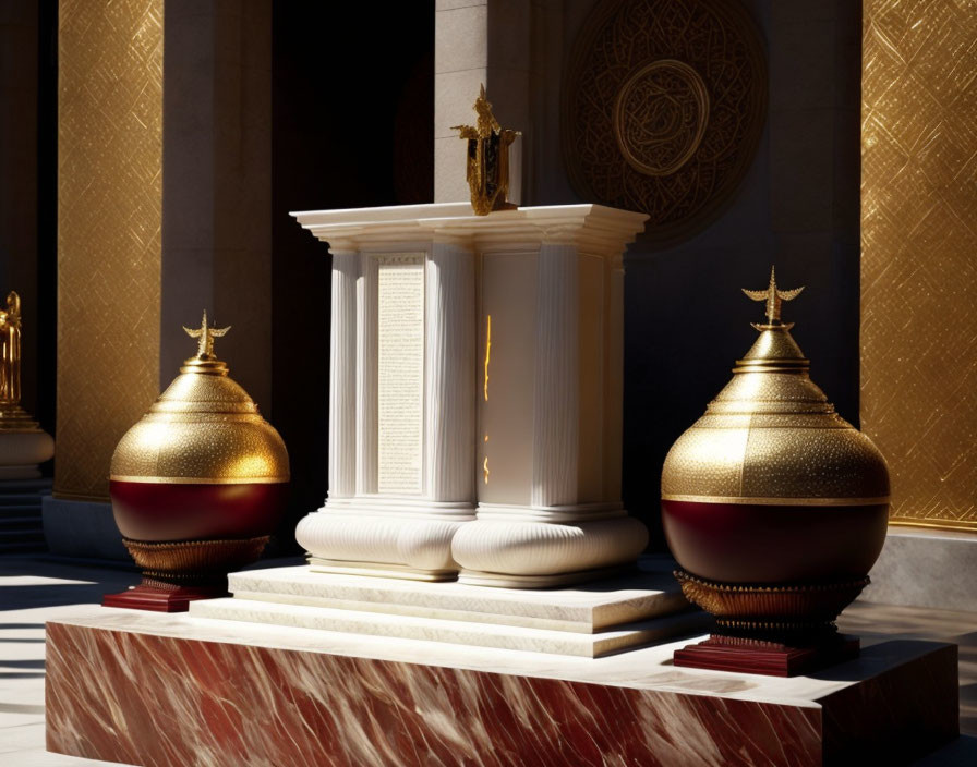 Luxurious Room with Golden Urns, White Podium, and Gold Sculpture