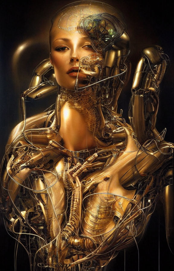 Hyperrealistic Female Android with Gold & Bronze Metallic Parts