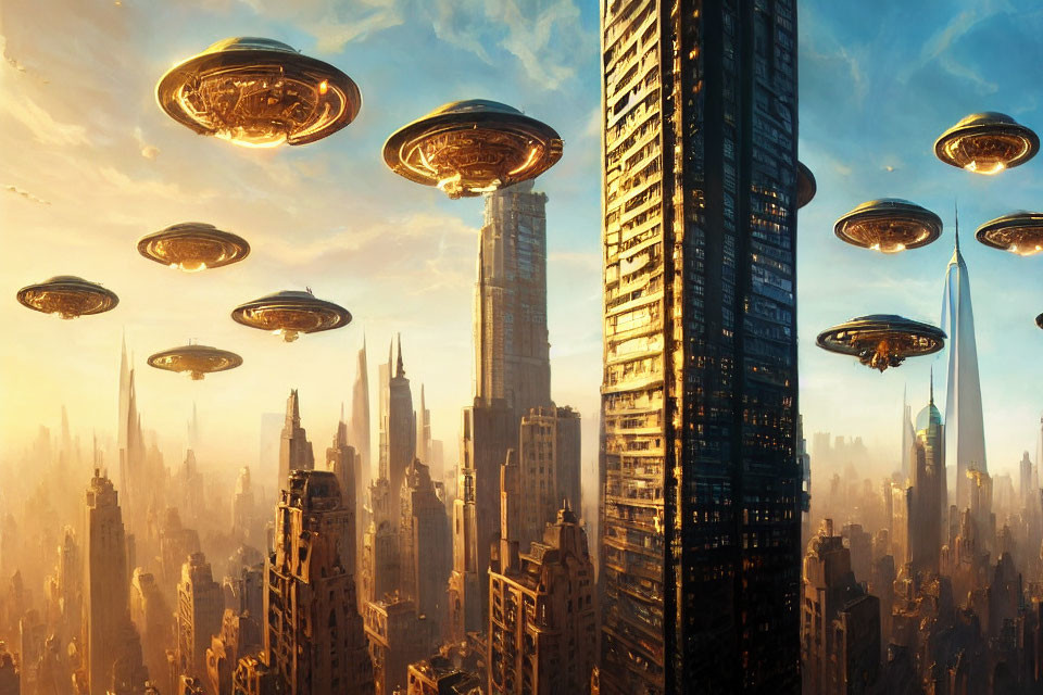 Golden-lit futuristic cityscape with flying saucers and skyscrapers