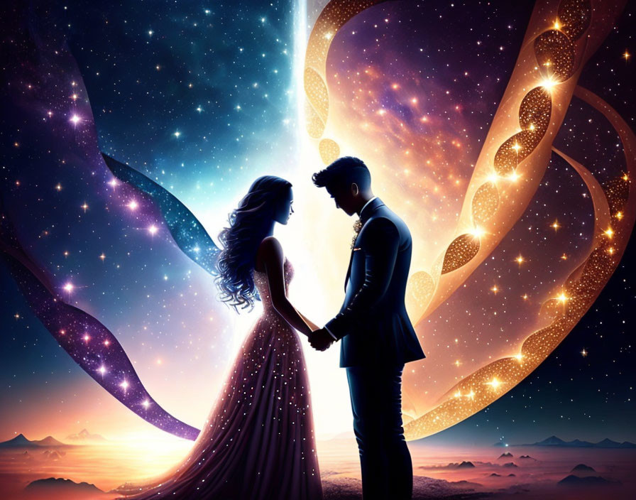 Silhouetted couple holding hands against cosmic background with golden swirls and colorful sky