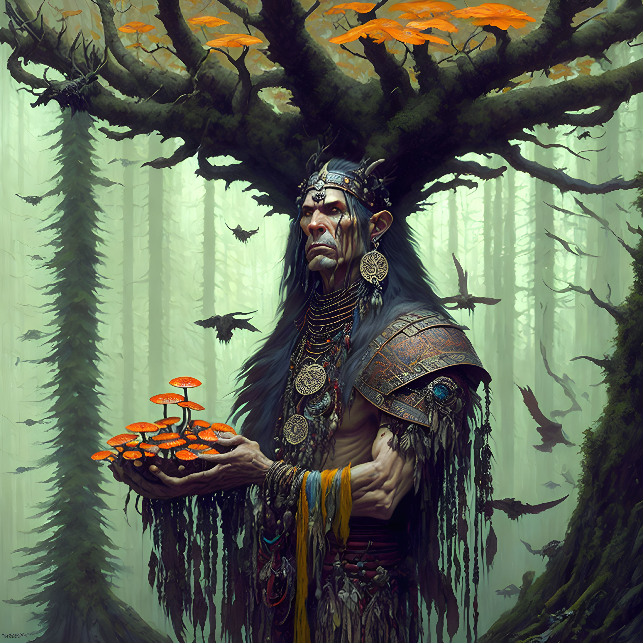 Mystical figure in misty forest with orange mushrooms and tribal jewelry