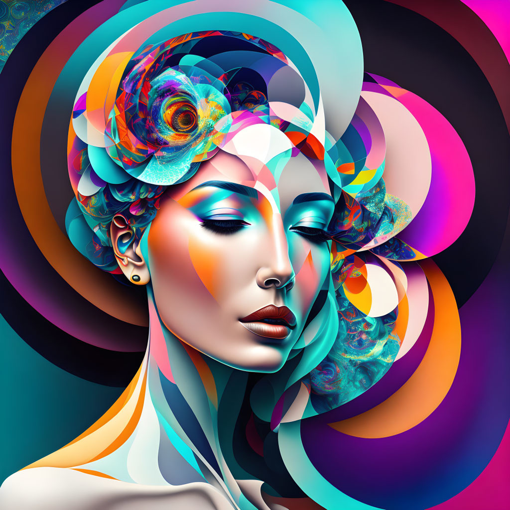 Colorful Abstract Digital Art: Woman's Profile with Swirling Patterns