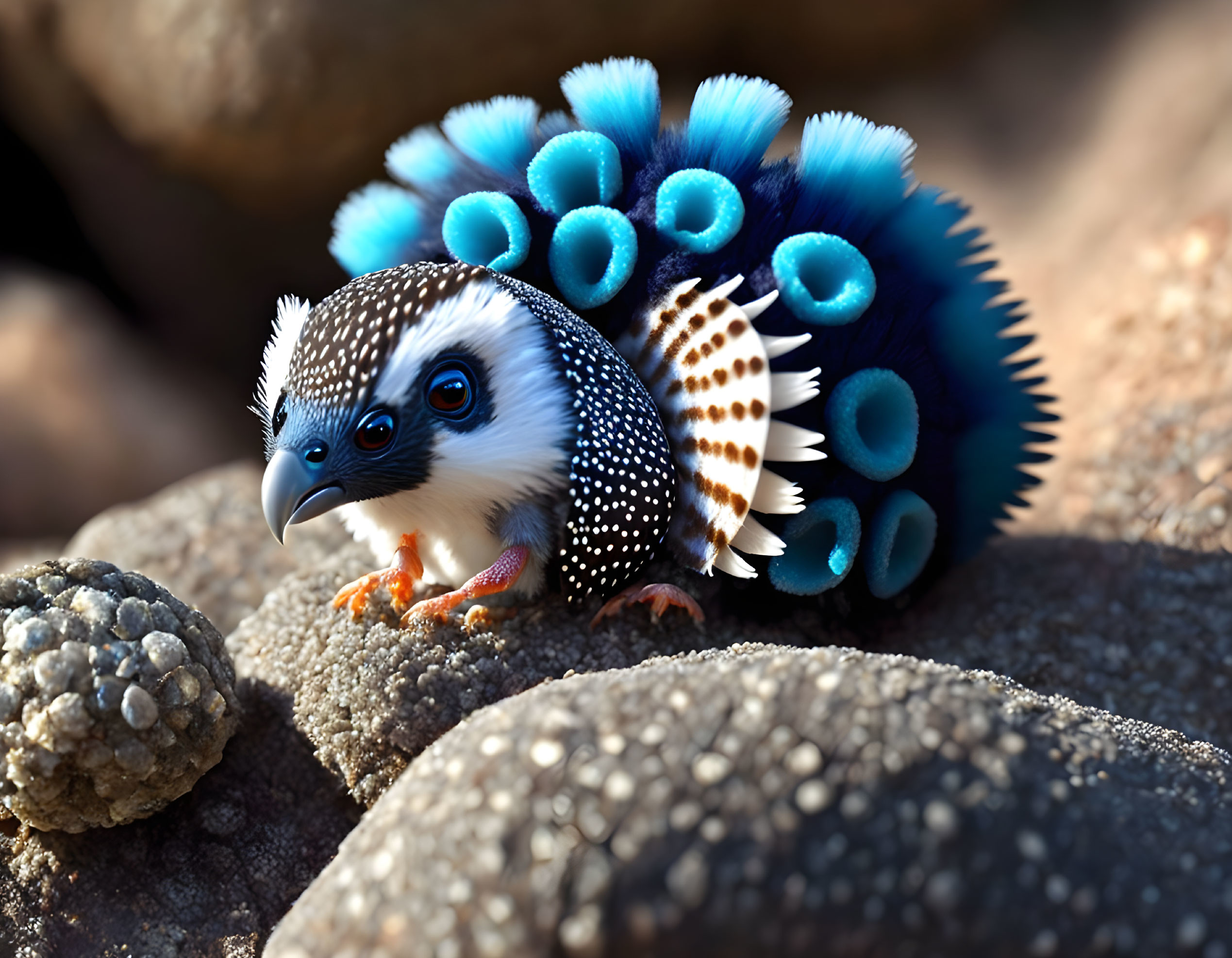 Fantastical creature with owl head, sea urchin body, and blue anemone-like