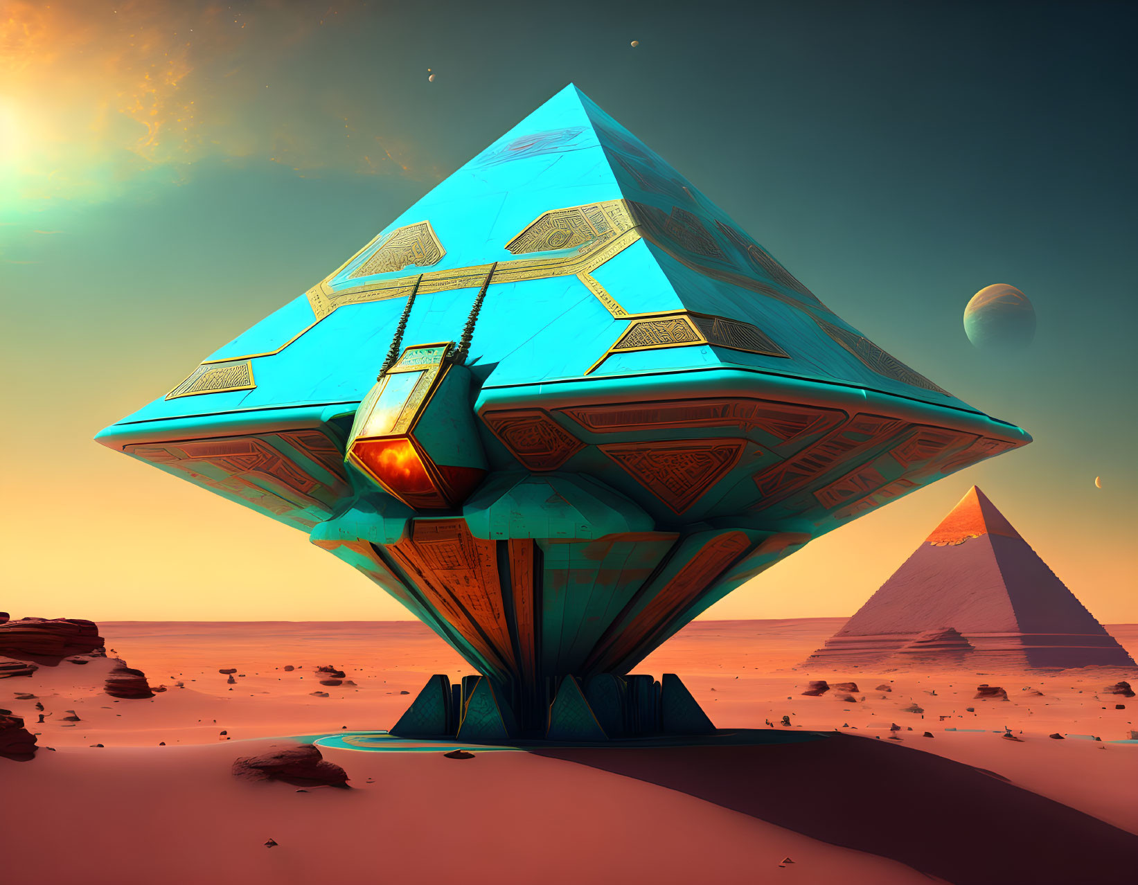 Blue futuristic pyramid on desert planet with alien sky and two moons