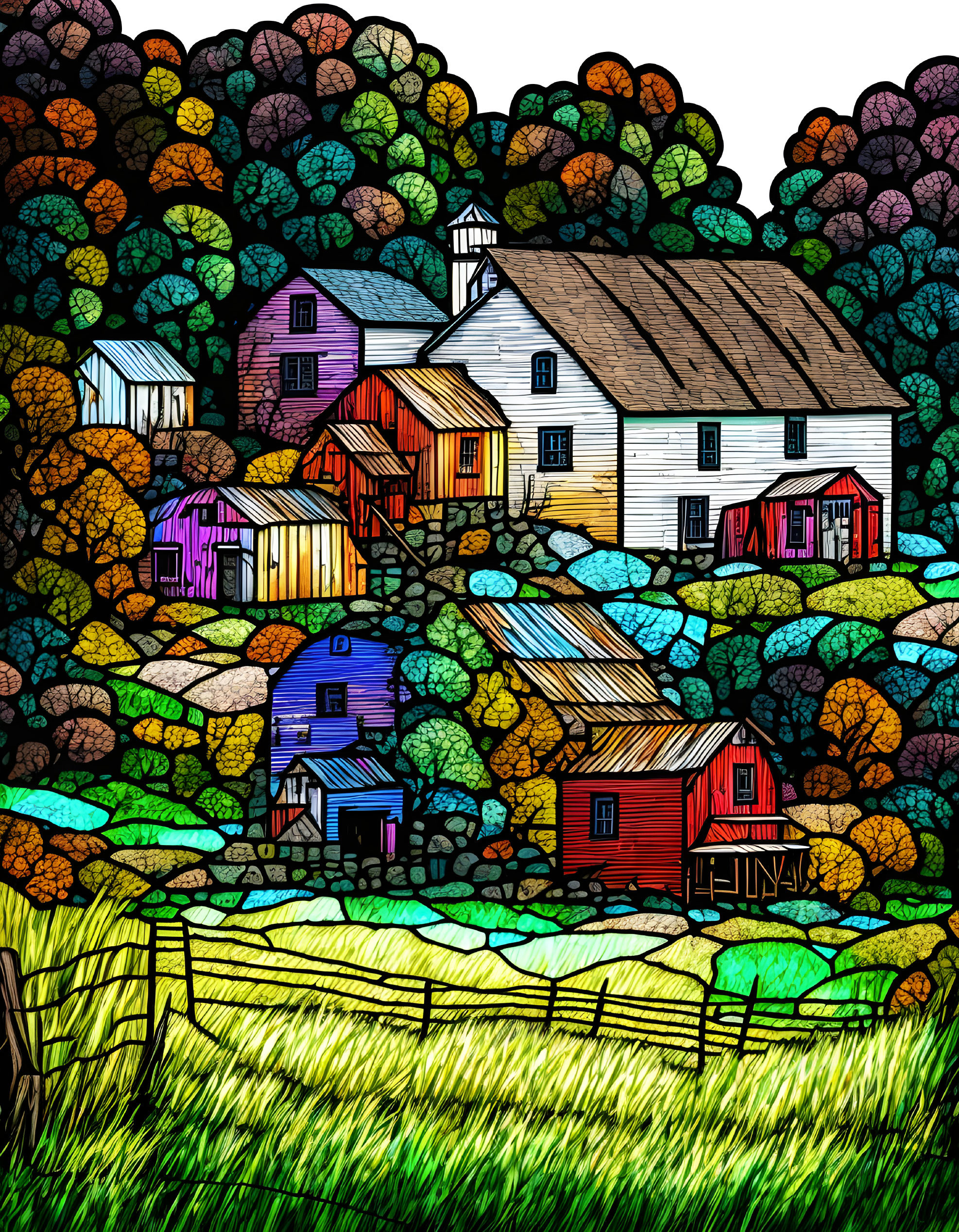 Colorful Stained Glass-Style Farm Illustration with Vibrant Landscape