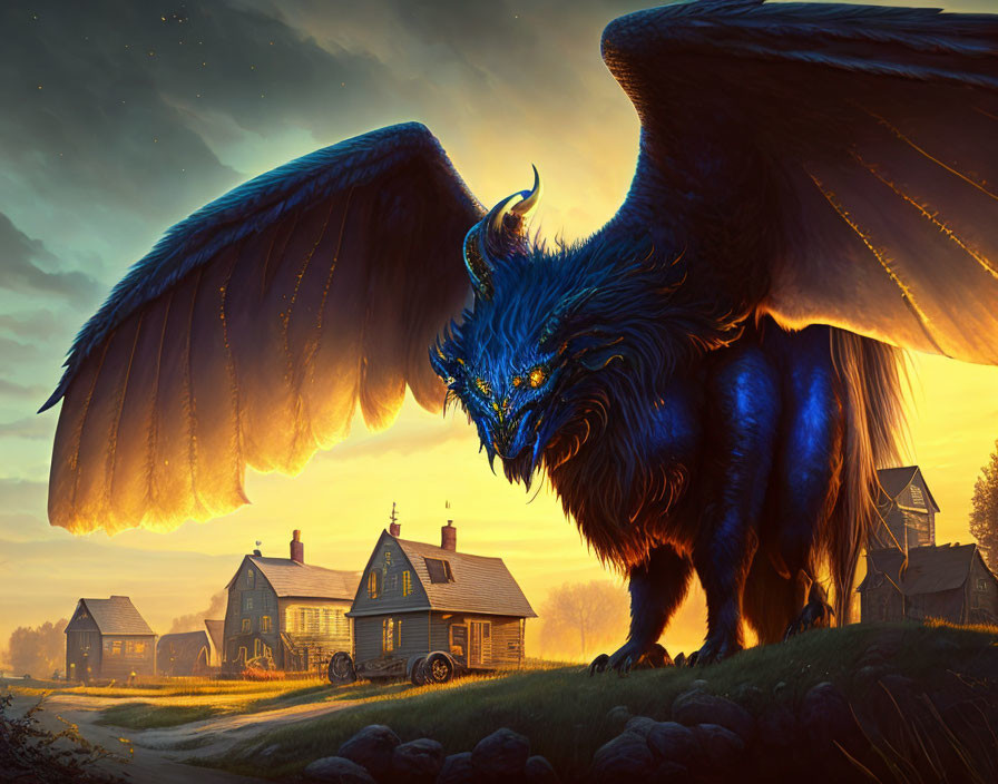 Giant winged bull mythical creature overlooking village at sunrise or sunset