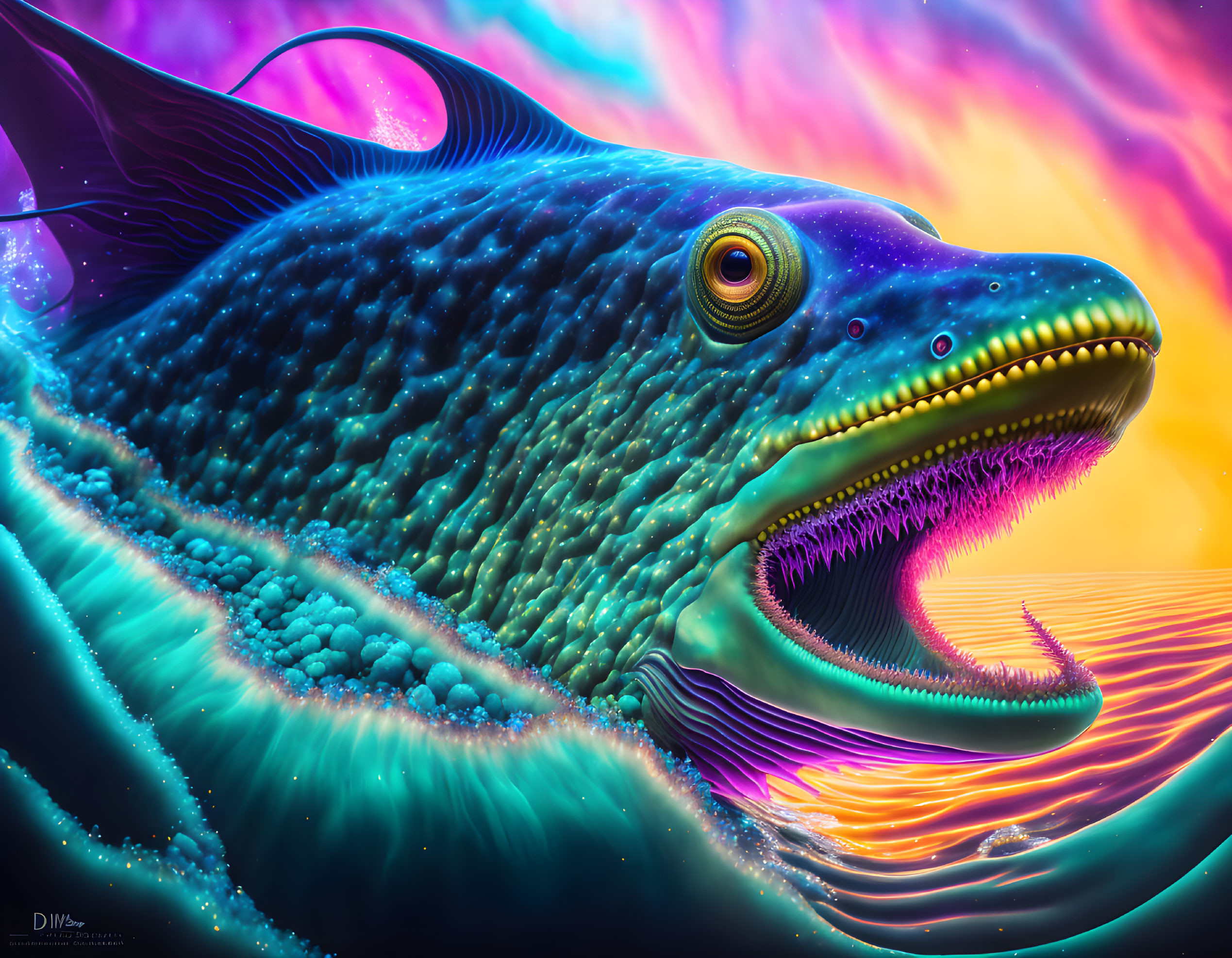 Colorful surreal fish in vibrant digital artwork