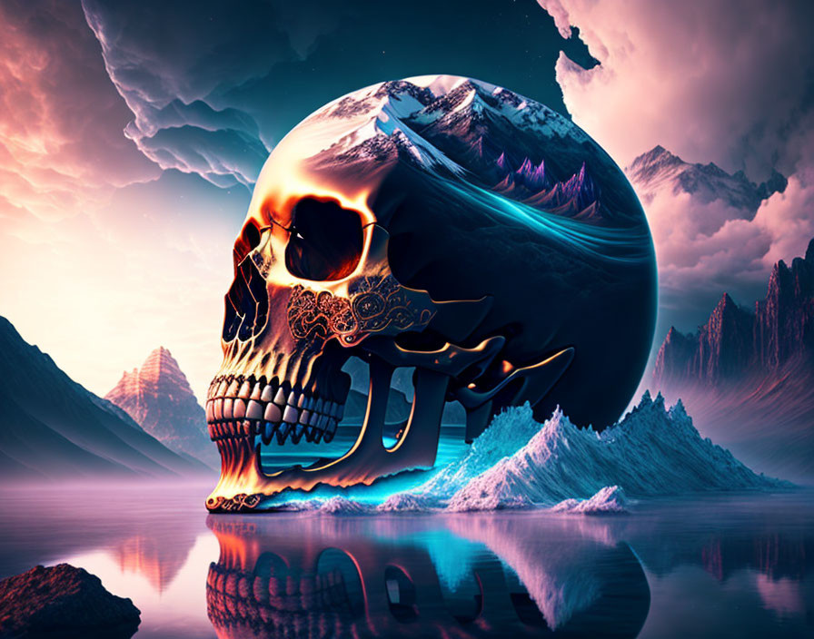 Surreal skull with intricate designs in serene landscape