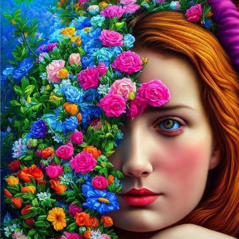 Colorful portrait of woman with red hair and floral arrangement covering half face