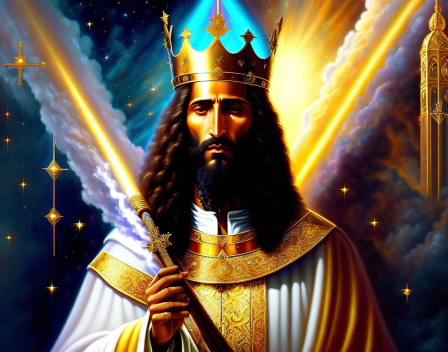 Regal Figure with Crown and Scepter on Celestial Background