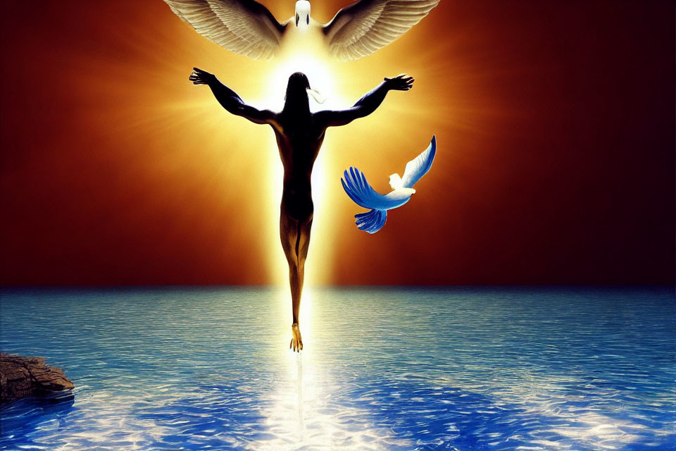 Silhouette of human with wings and dove against luminous backdrop above blue waters