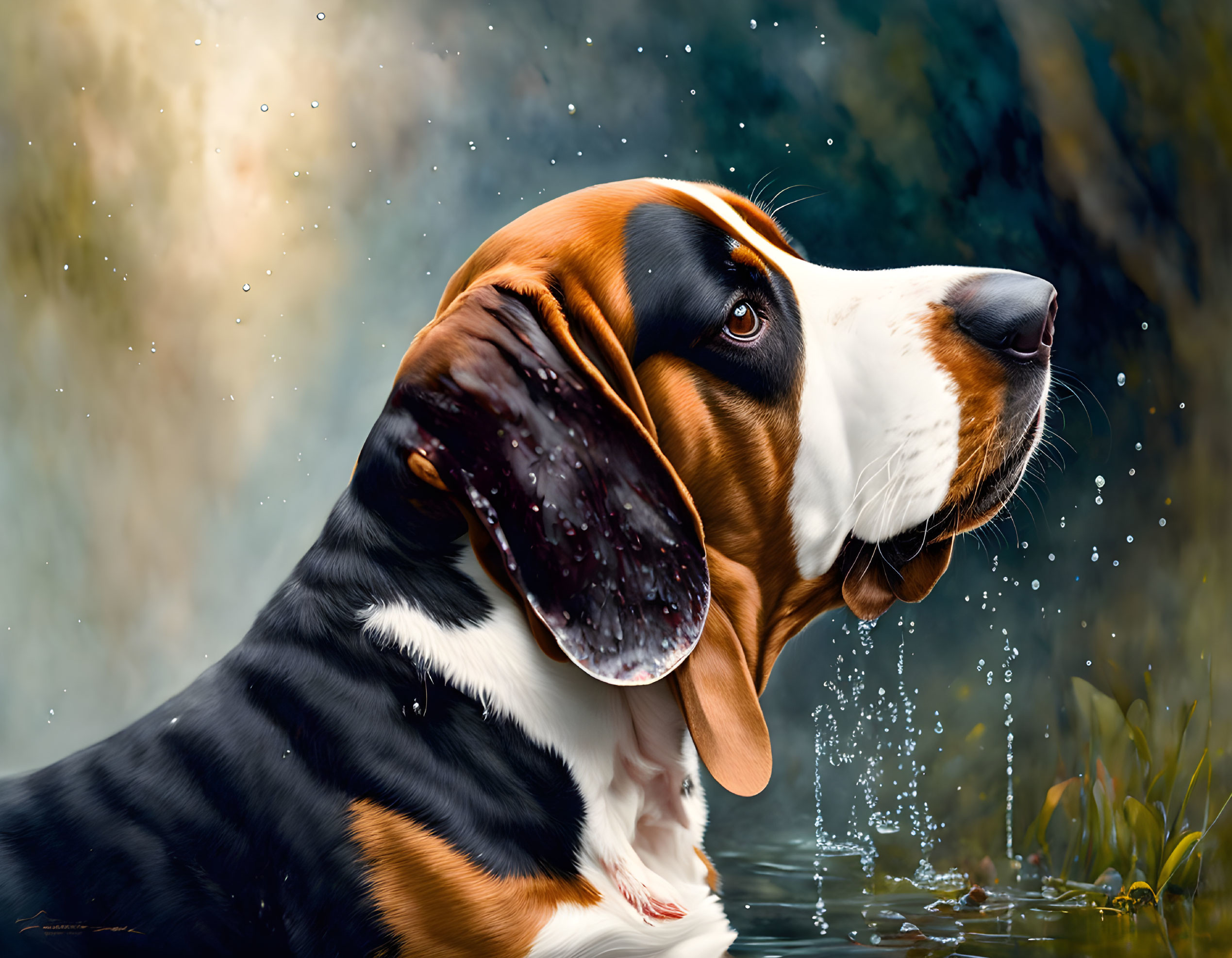 Basset Hound by water with droplets and serene backdrop