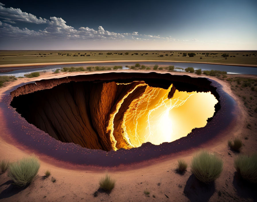 Glowing lava sinkhole in desert twilight landscape