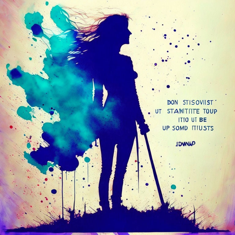 Woman with crutches in front of blue and purple ink splatters