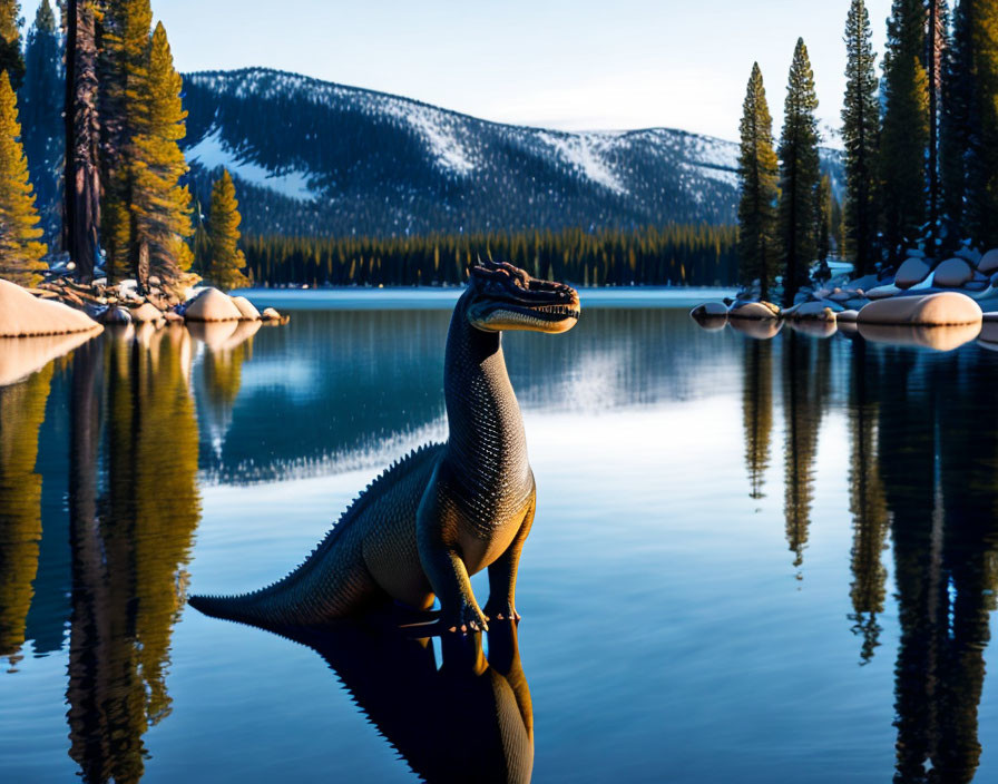 Toy Dinosaur by Serene Lake with Reflection, Pine Trees, and Snow-Capped Mountains at Sunset