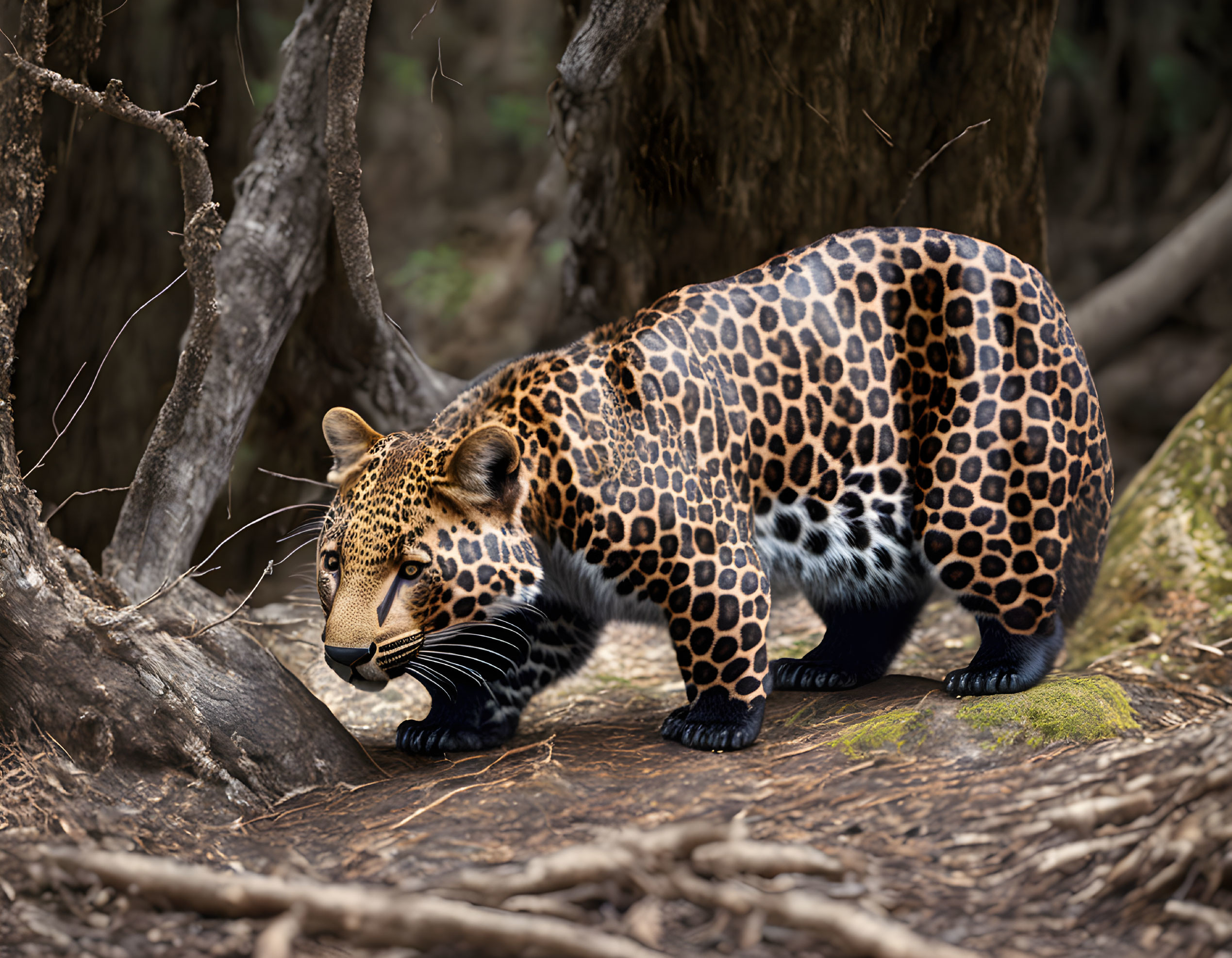 Majestic jaguar crouching in forest habitat blending with brown and green hues