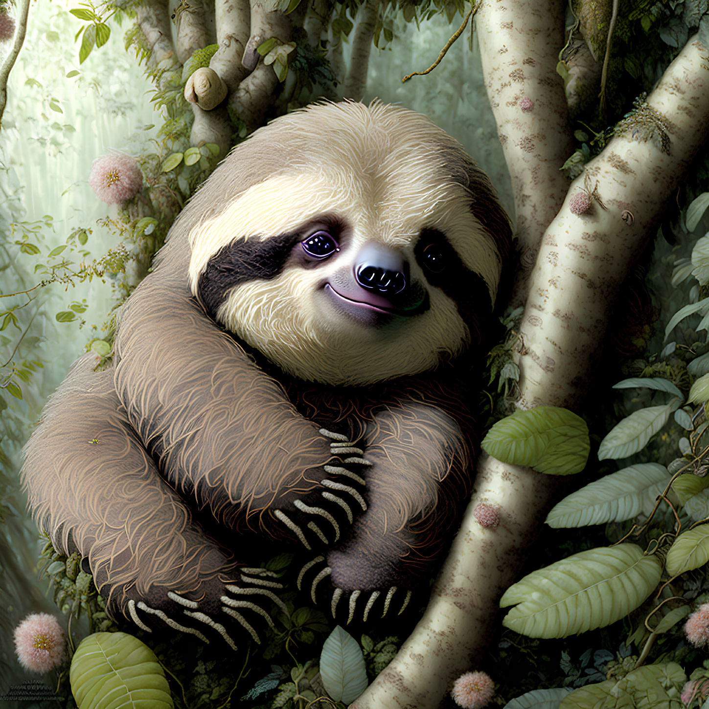 Tranquil smiling sloth in lush forest habitat