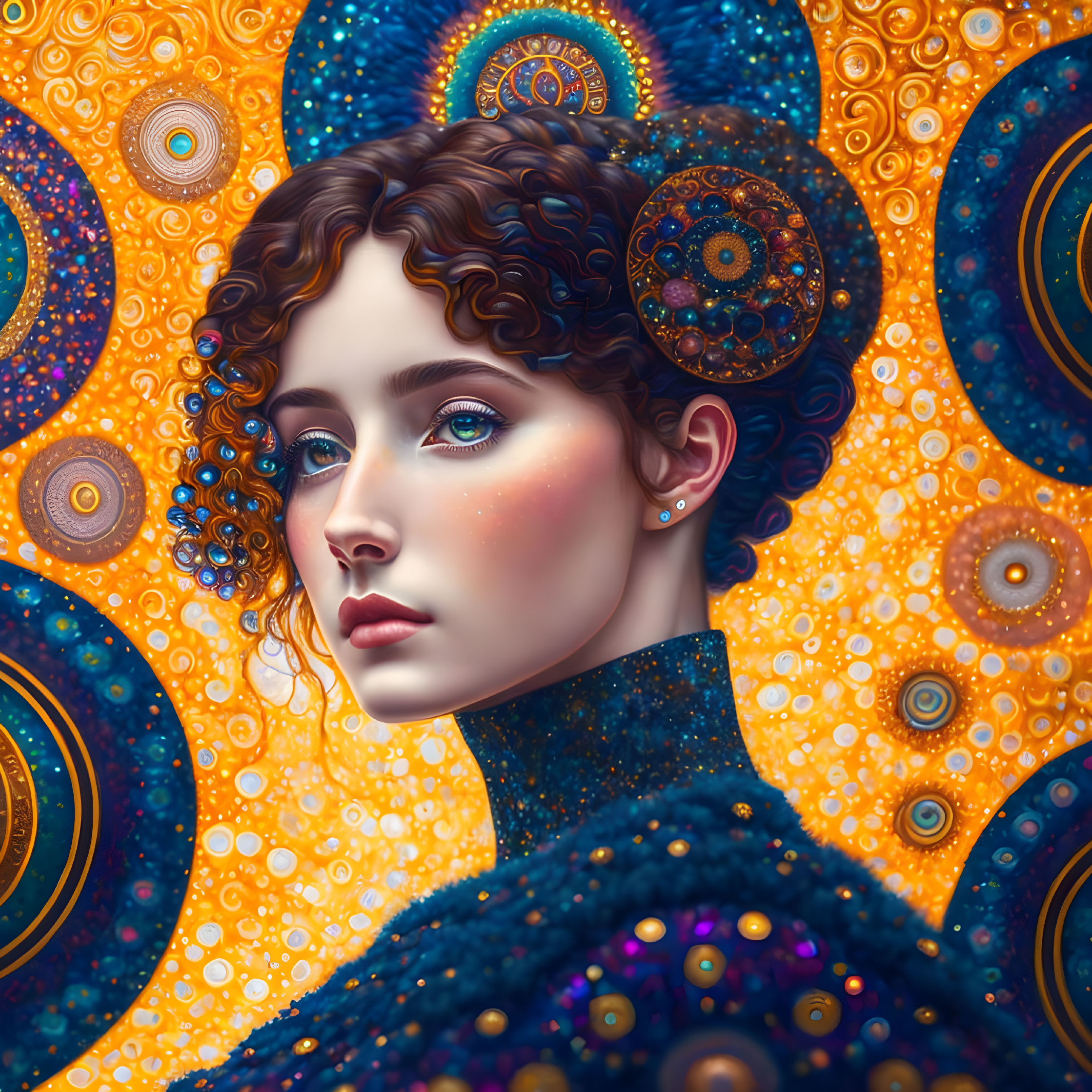 Colorful digital portrait of a woman with curly hair amidst intricate mandala patterns in orange, blue,