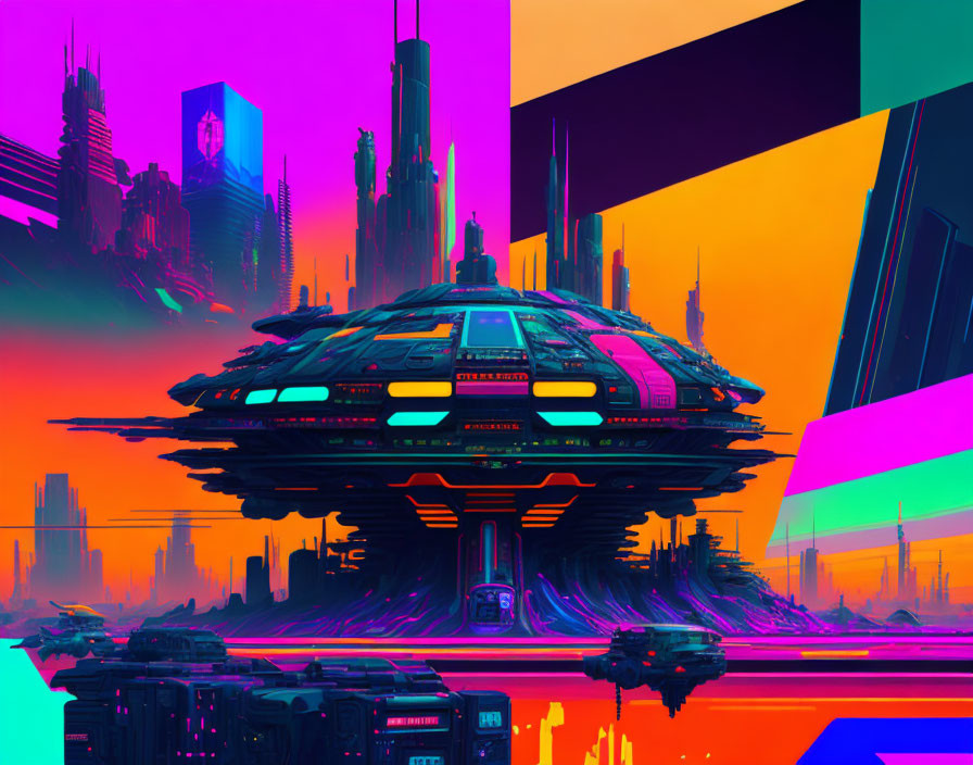 Futuristic cityscape with neon colors, flying vehicles, skyscrapers, pink and purple sky