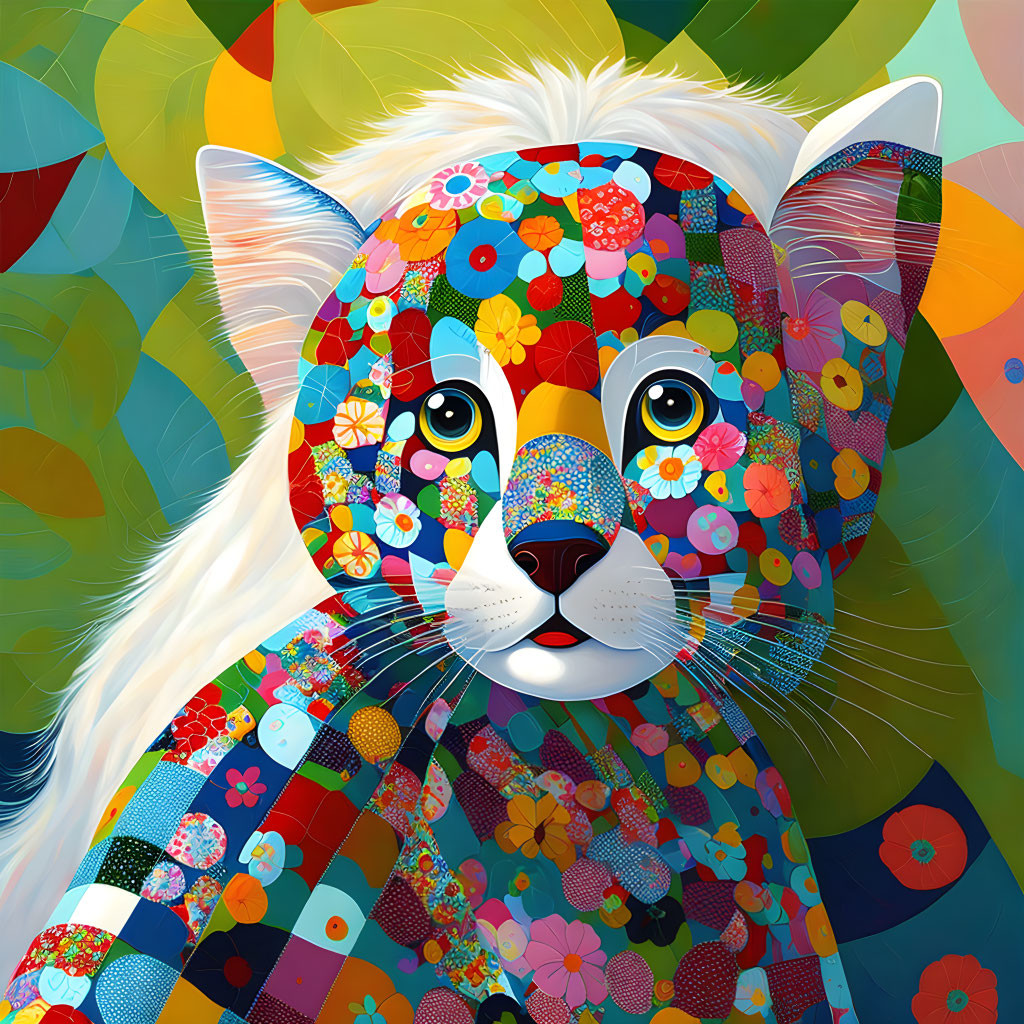 Vibrant Leopard Illustration with Floral and Geometric Patterns