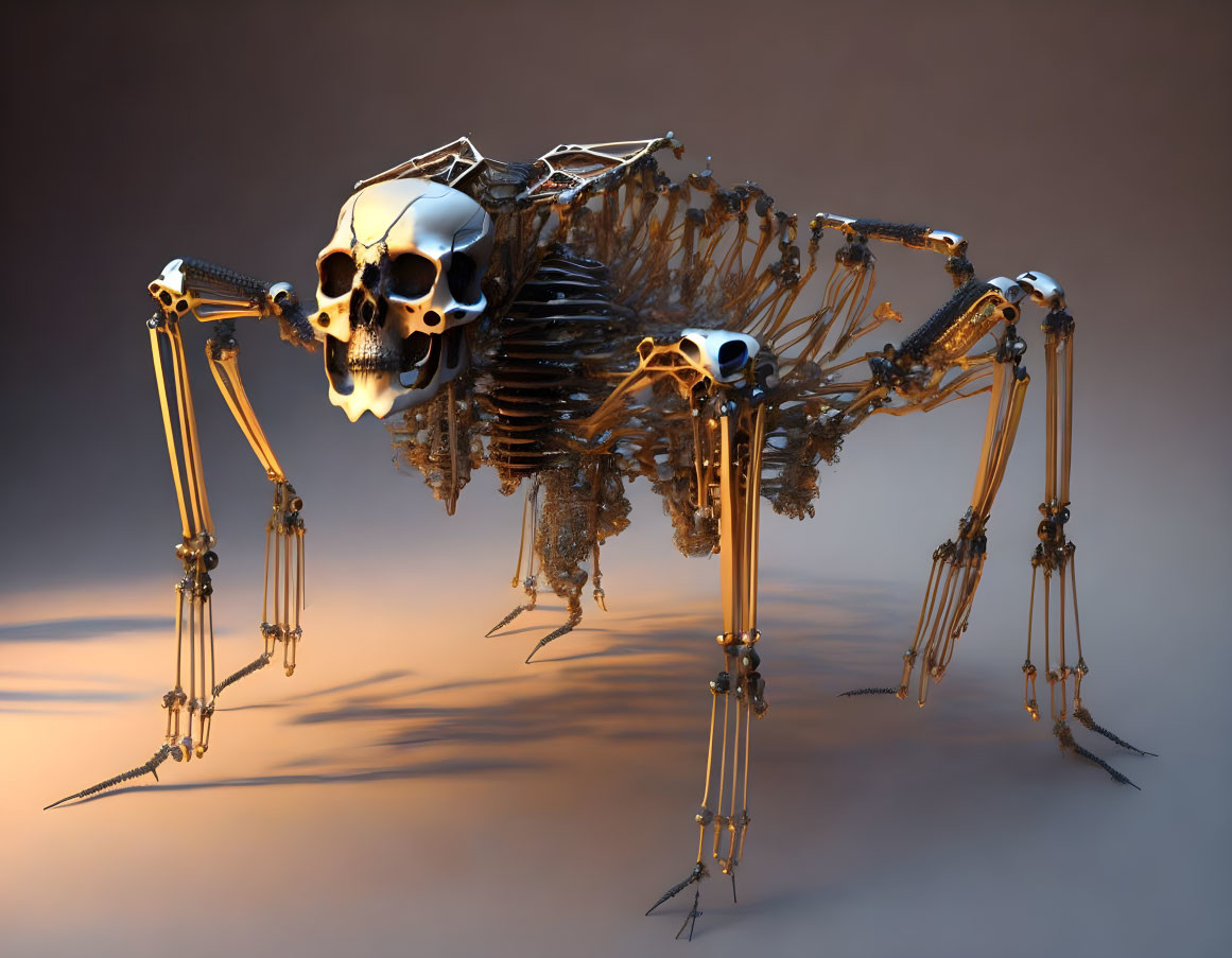 Digital artwork: Human skull on mechanical insect body with metallic bones and sharp limbs on smoky background