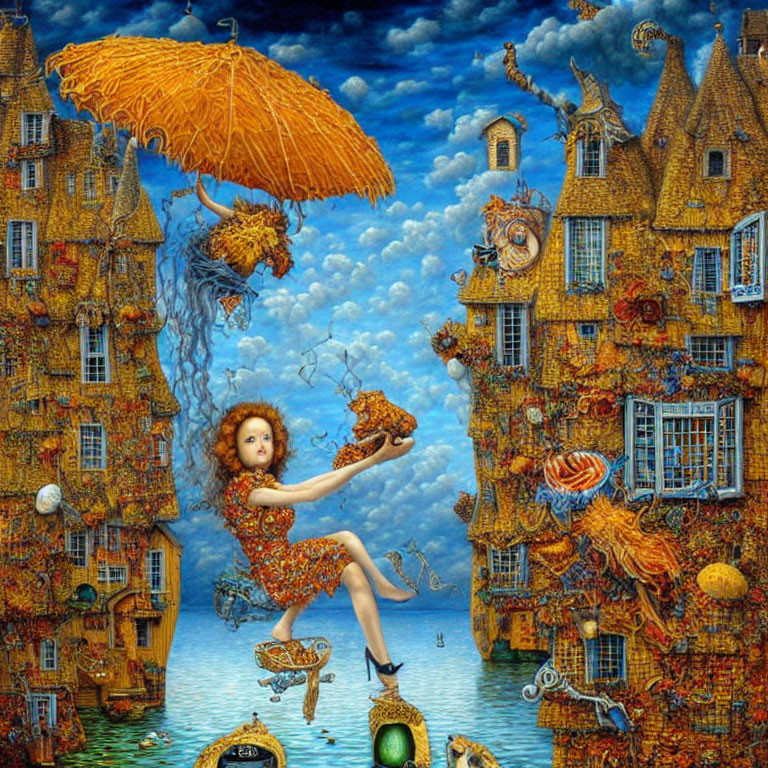 Surreal painting of woman with orange umbrella amid whimsical houses