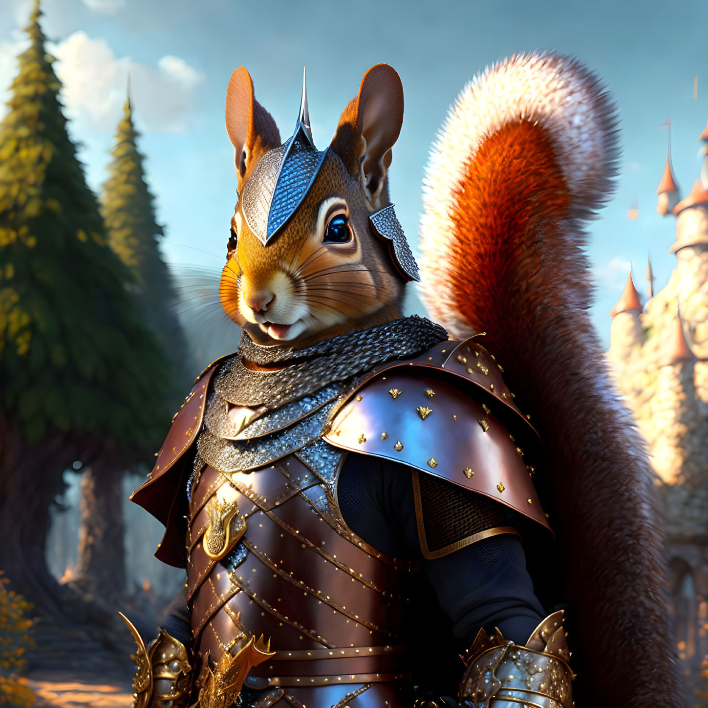 Medieval armor-clad squirrel in fairytale forest with castle view