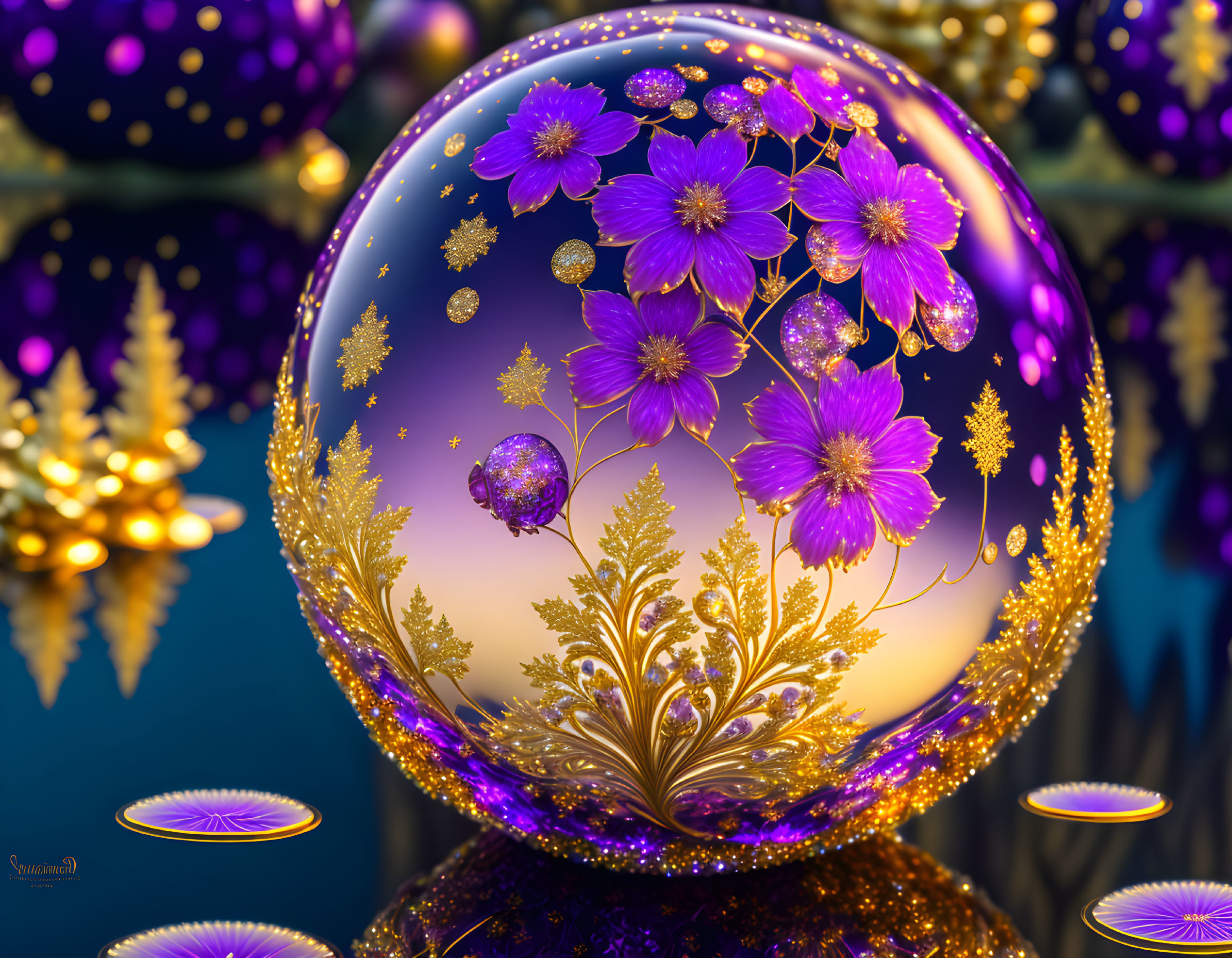 Colorful digital artwork: Translucent sphere, purple flowers, gold fern patterns