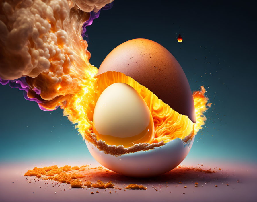 Partially exploded egg reveals fiery interior and intact egg on gradient background