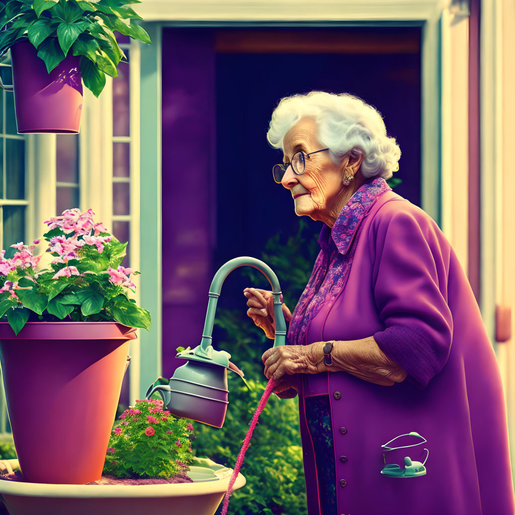 Elderly woman in purple cardigan watering pink flowers