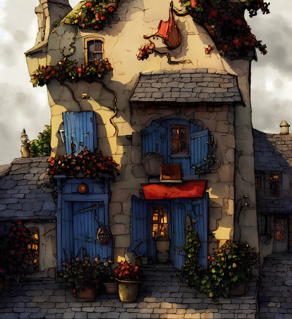 Charming two-story building with blue shutters, red awnings, and flower decorations in soft light