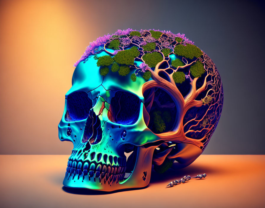 Vibrant human skull split between bones and tree branches in colorful art