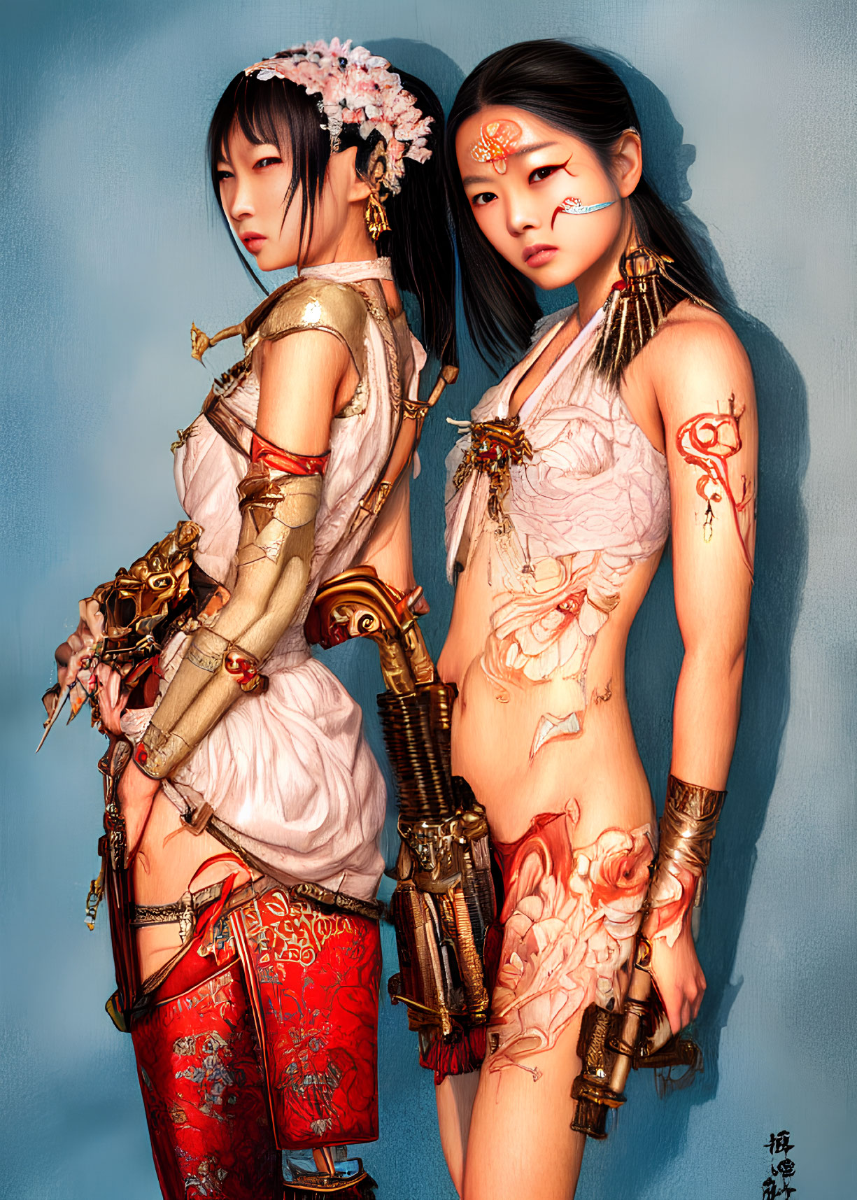 Stylized female characters in Asian-inspired attire with tattoos and cybernetic enhancements on blue background